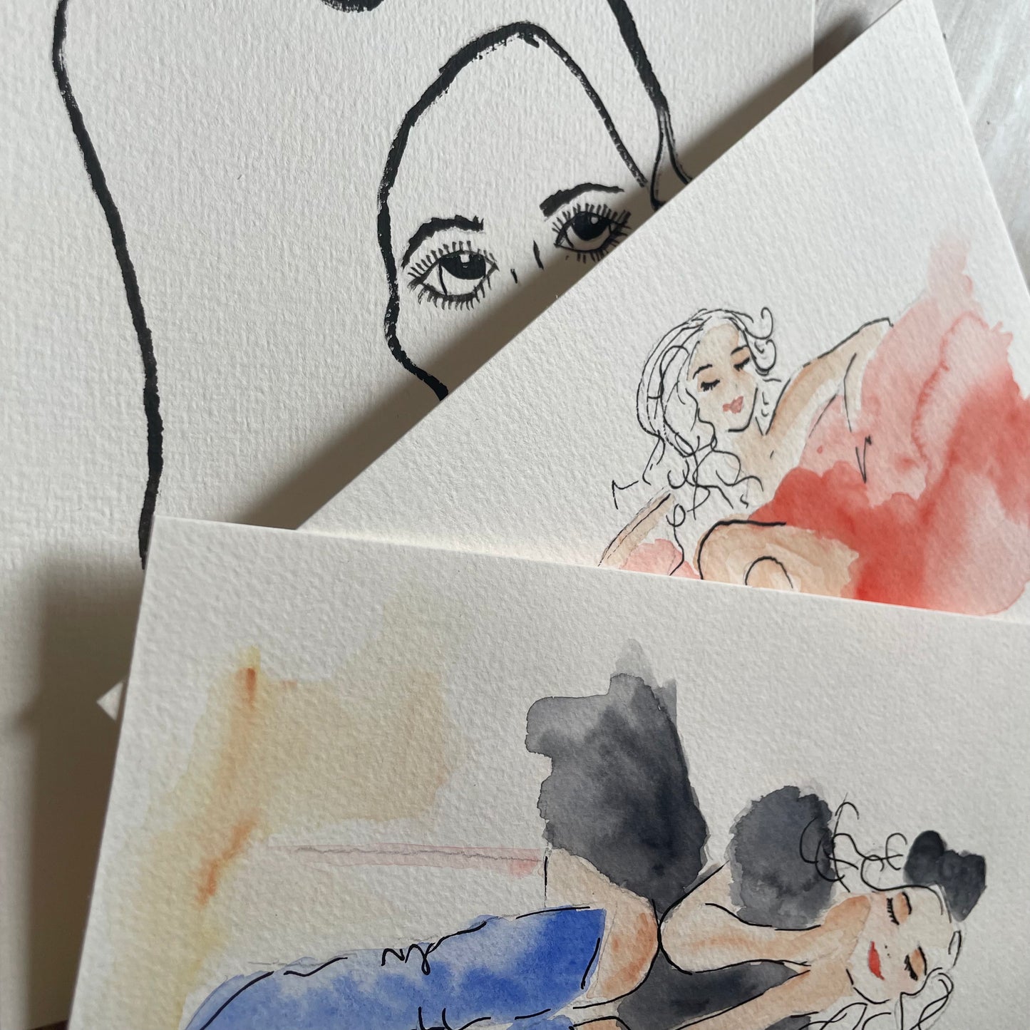 Unique hand - painted watercolor postcards - set of 3 ( with envelopes)